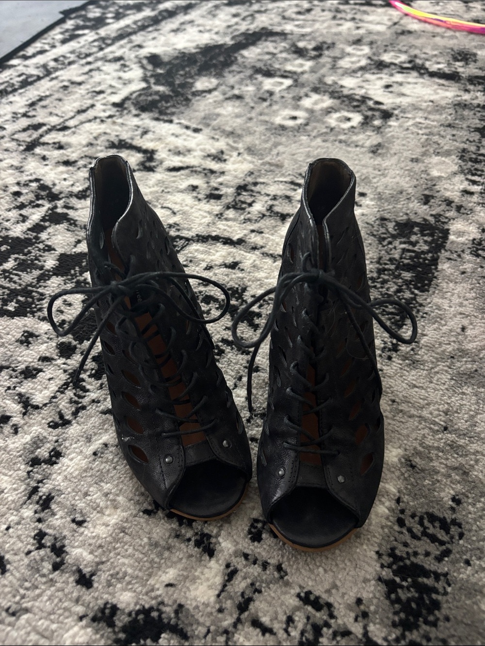 Paul Green Black Lace-Up Cutout Peep Toe Heels size not shown on heel. Size 6.5